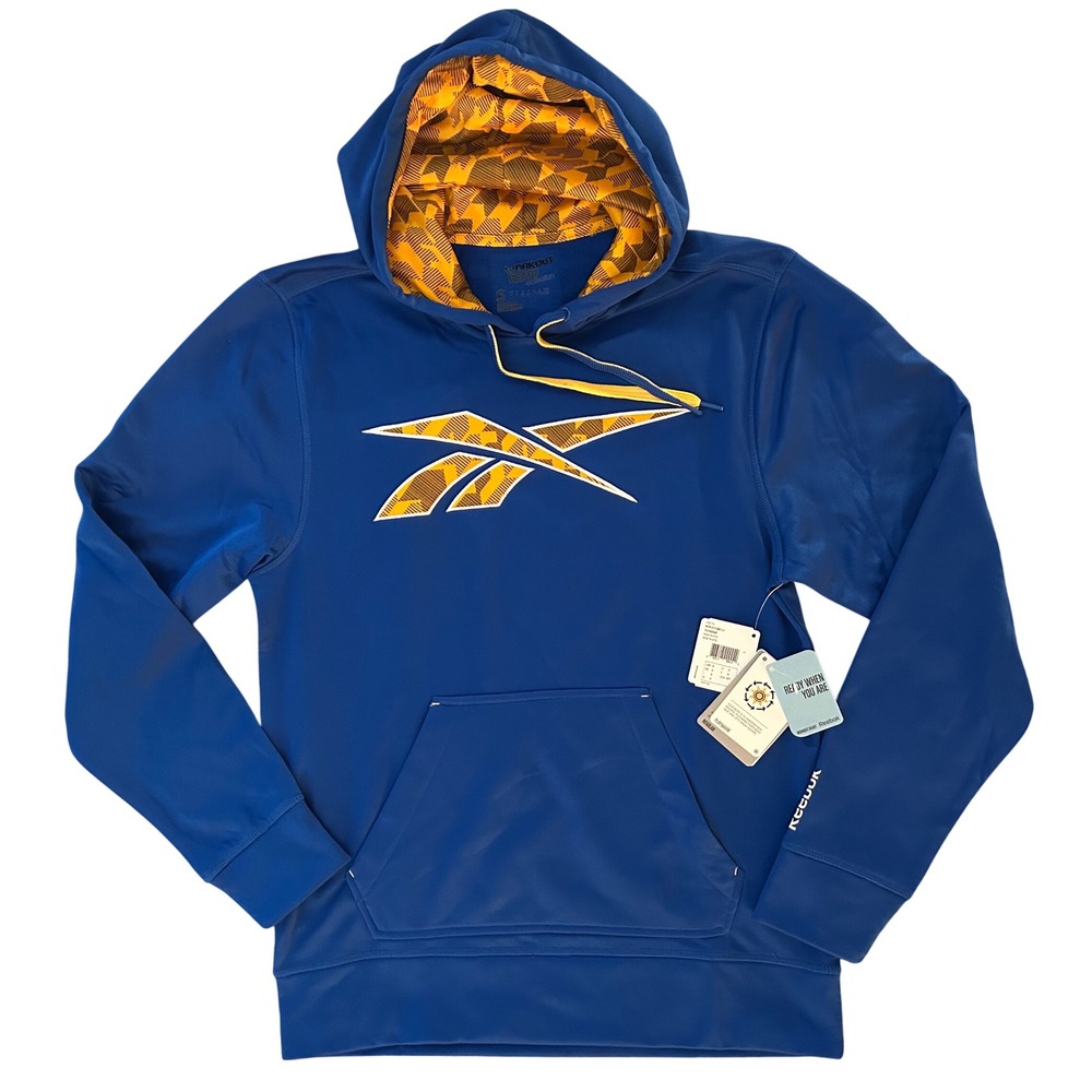 NWT Reebok Workout Ready‎ Pullover Hoodie Blue Gold Yellow Logo Men's Size S